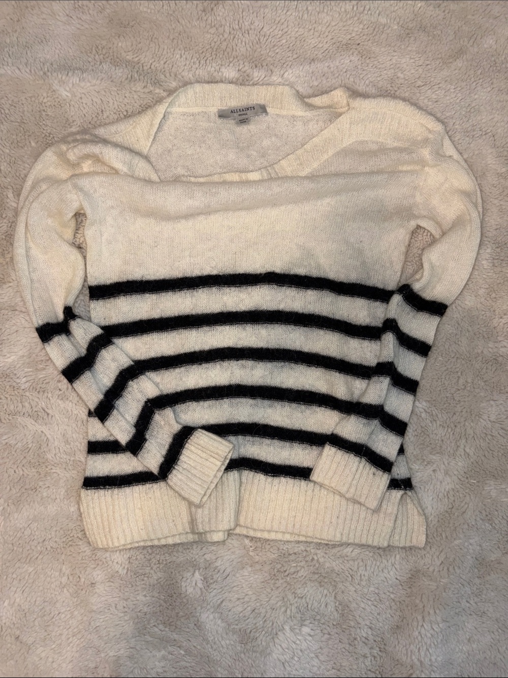 All Saints Cream and Black Striped Crew Neck Sweater